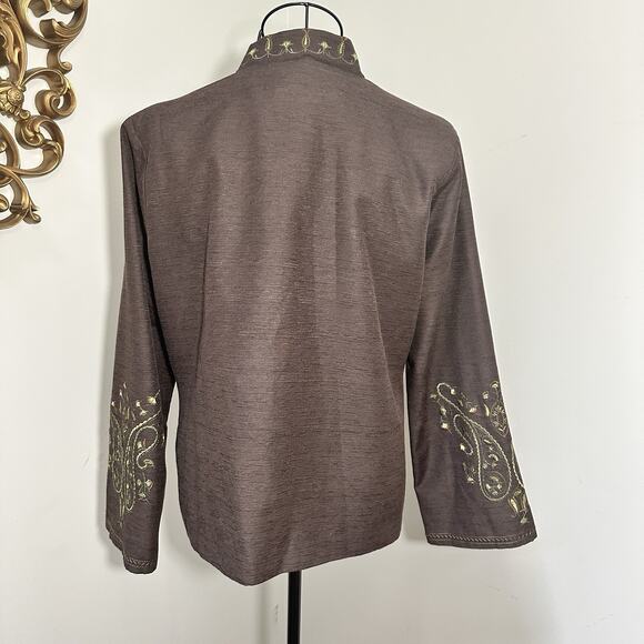 Silk Land Silk Pearl Button Jacket Women Size LG Brown with Green Embroidery - Picture 4 of 11